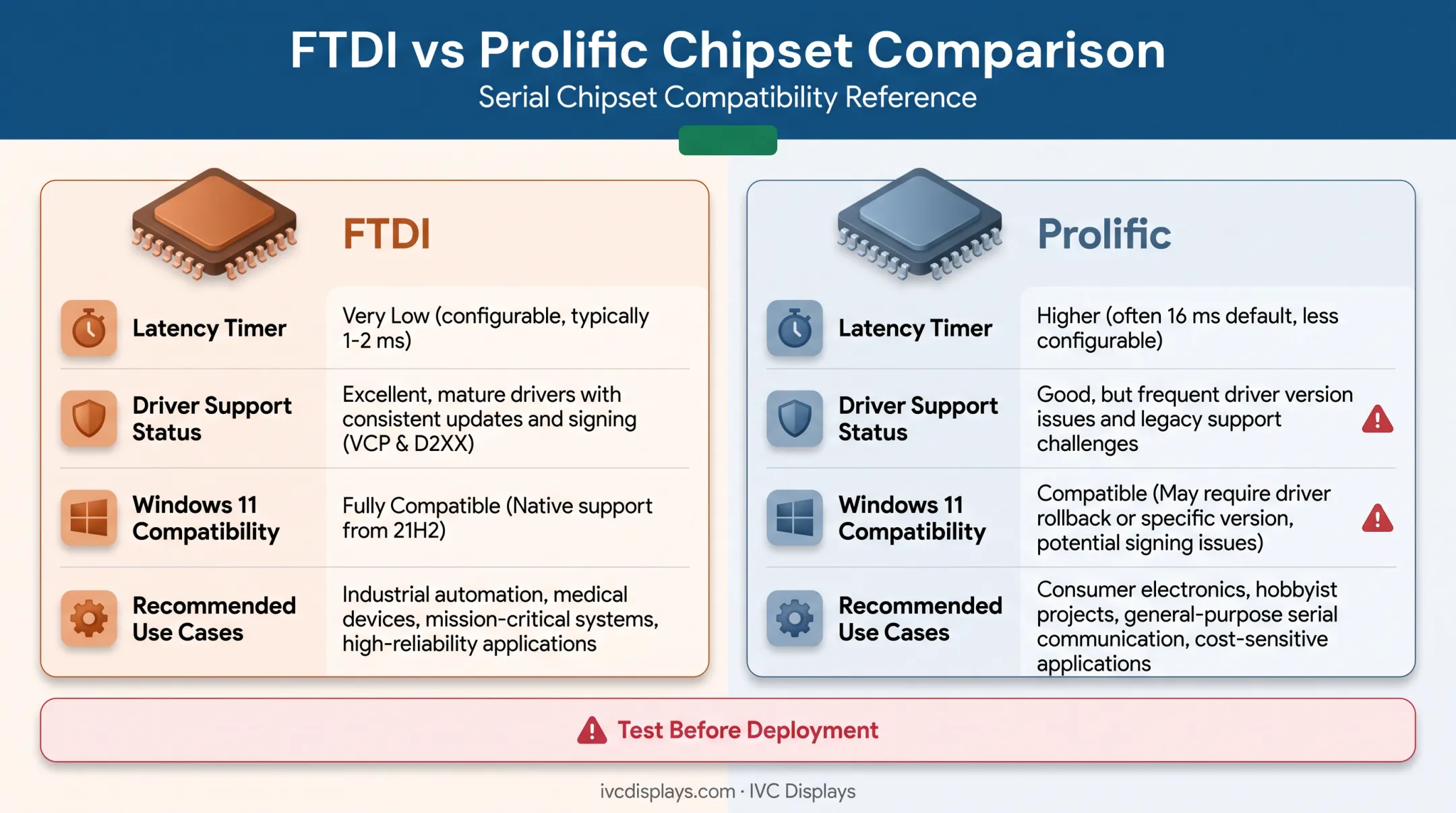 USB-to-serial adapter chipset comparison FTDI versus Prolific latency