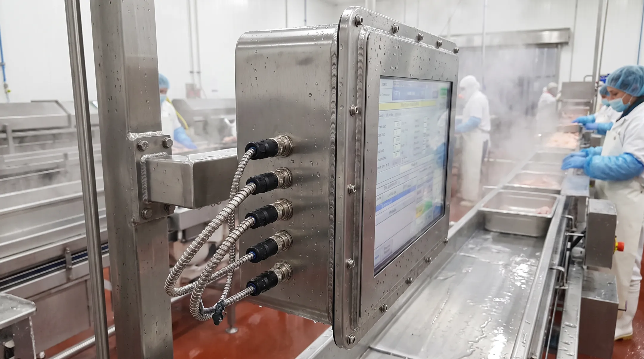 Stainless steel washdown panel PC with waterproof M12 connectors in food plant