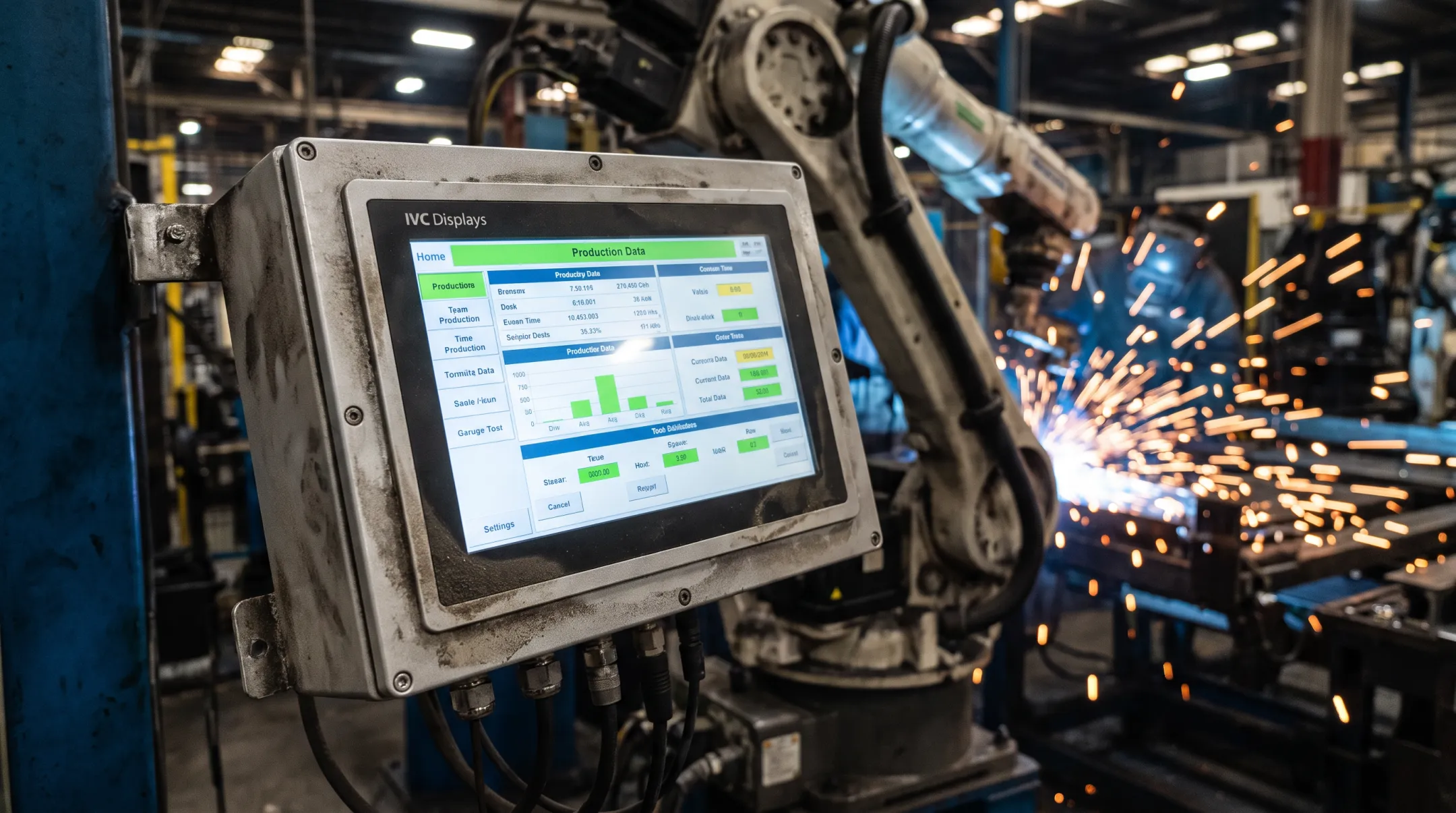 Rugged industrial touch screen monitor installed on factory floor equipment