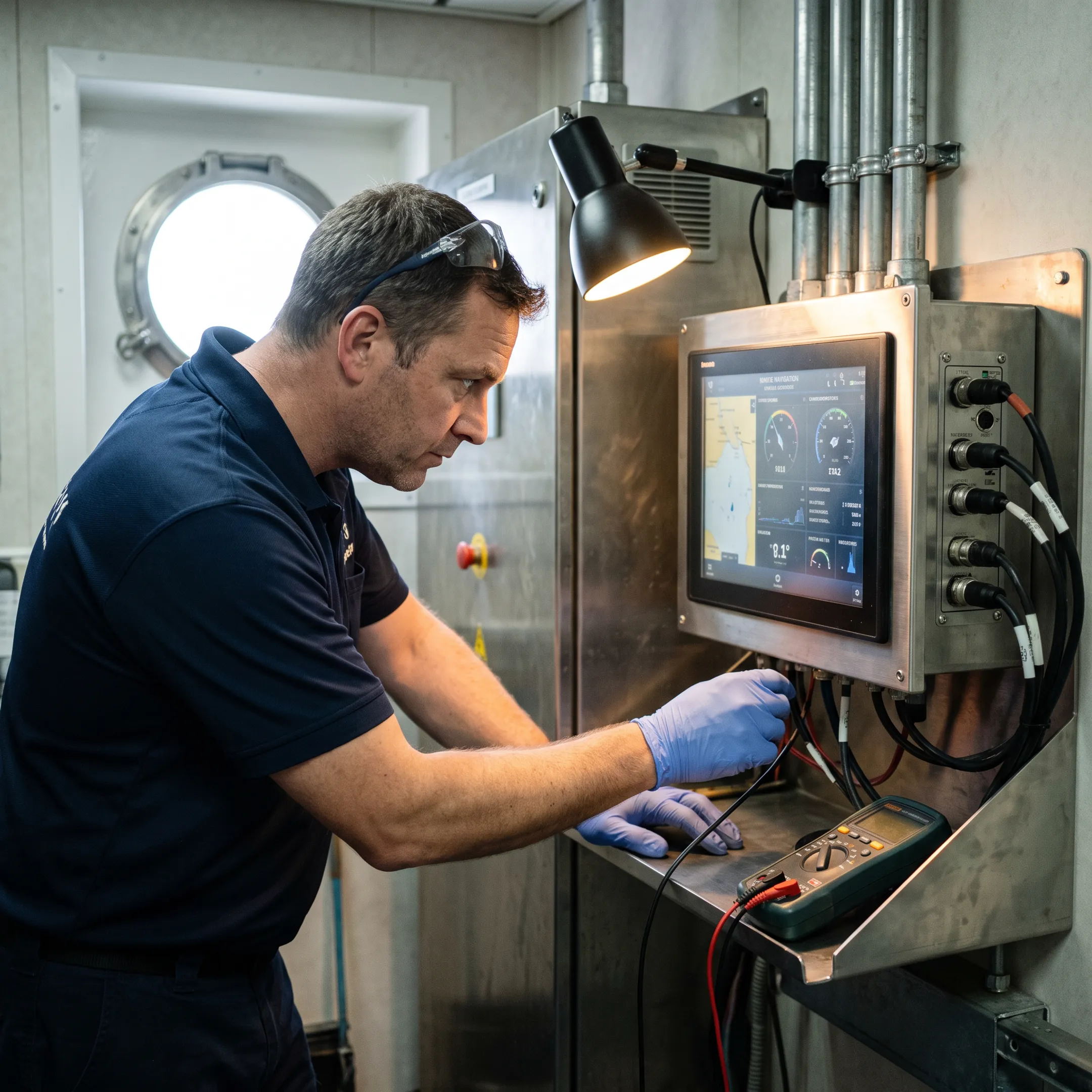 Engineer configuring a rugged panel PC for a marine console