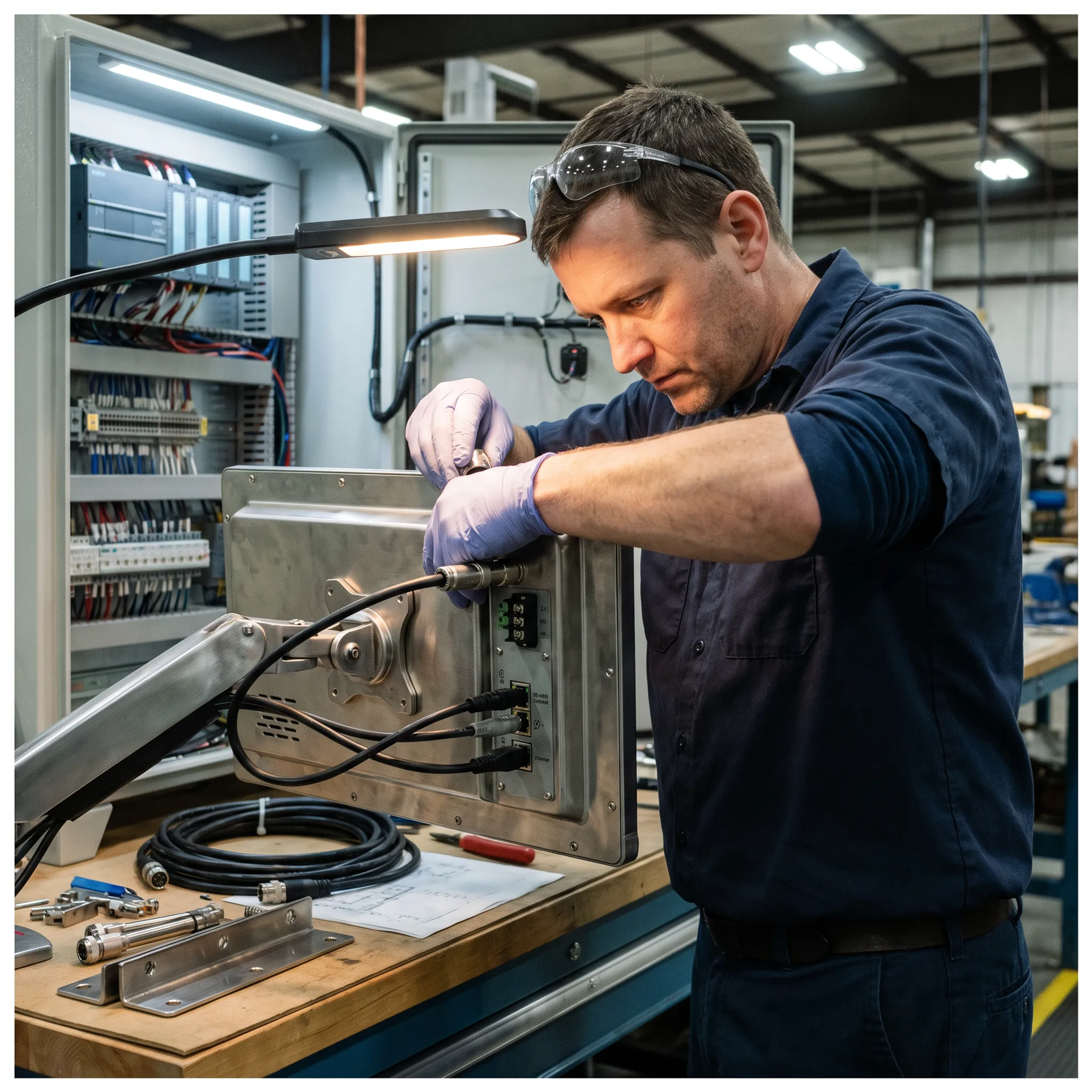 Engineer configuring an industrial touchscreen computer