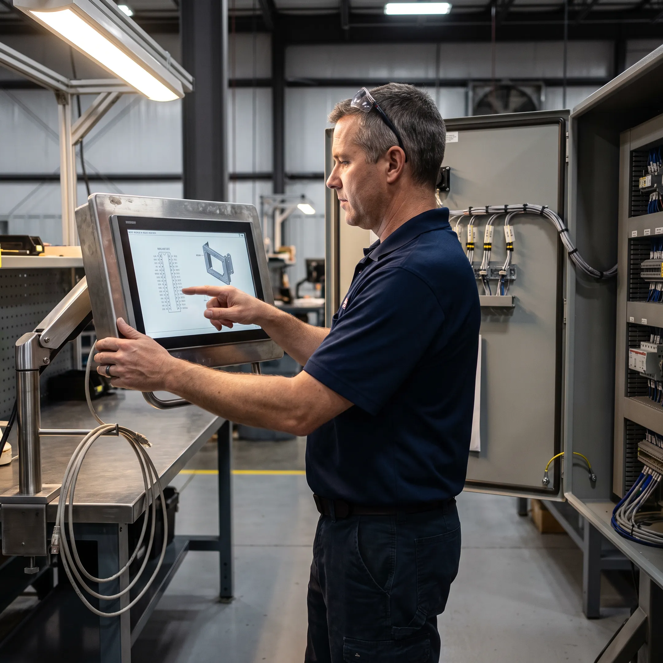 Engineer configuring a custom industrial touchscreen terminal