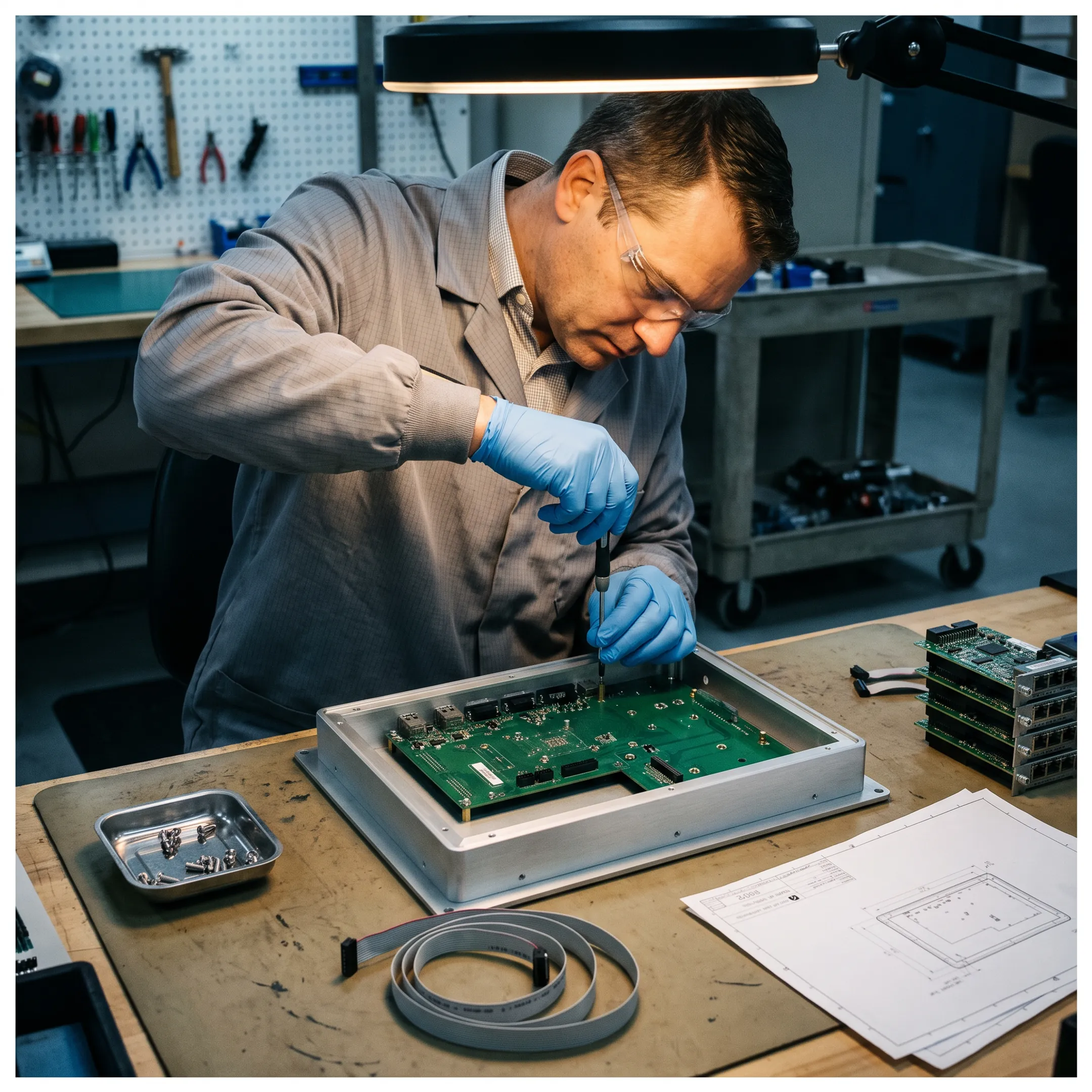 Engineer configuring an industrial computer enclosure
