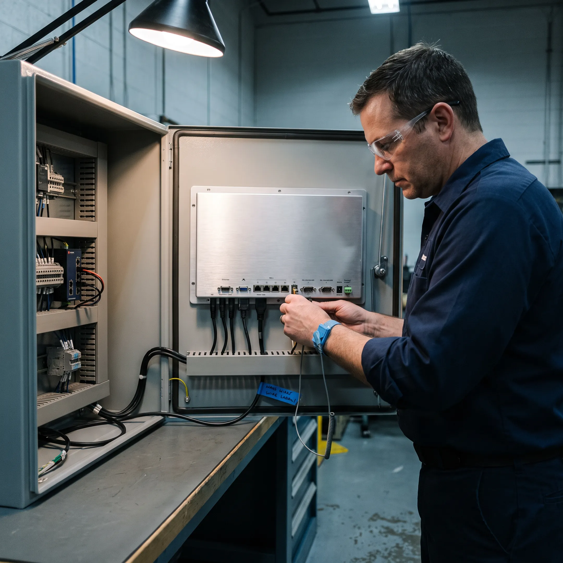 Engineer configuring a rugged industrial panel PC