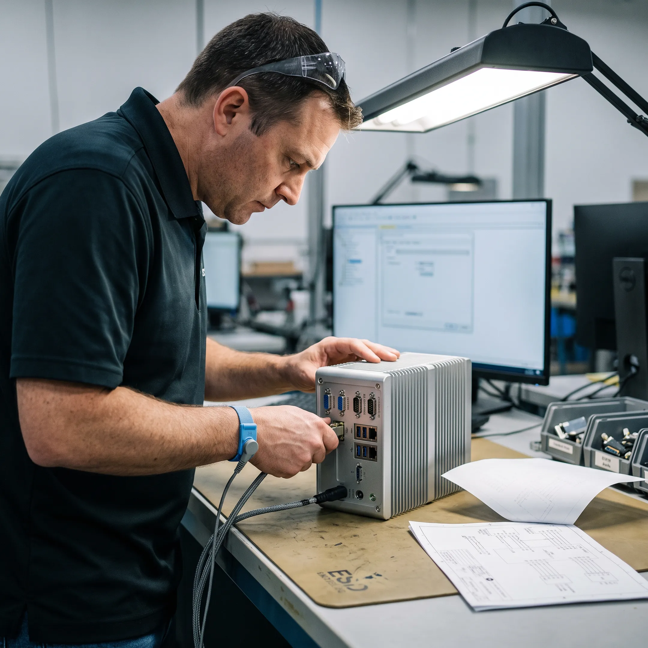 Engineer configuring a rugged embedded computer