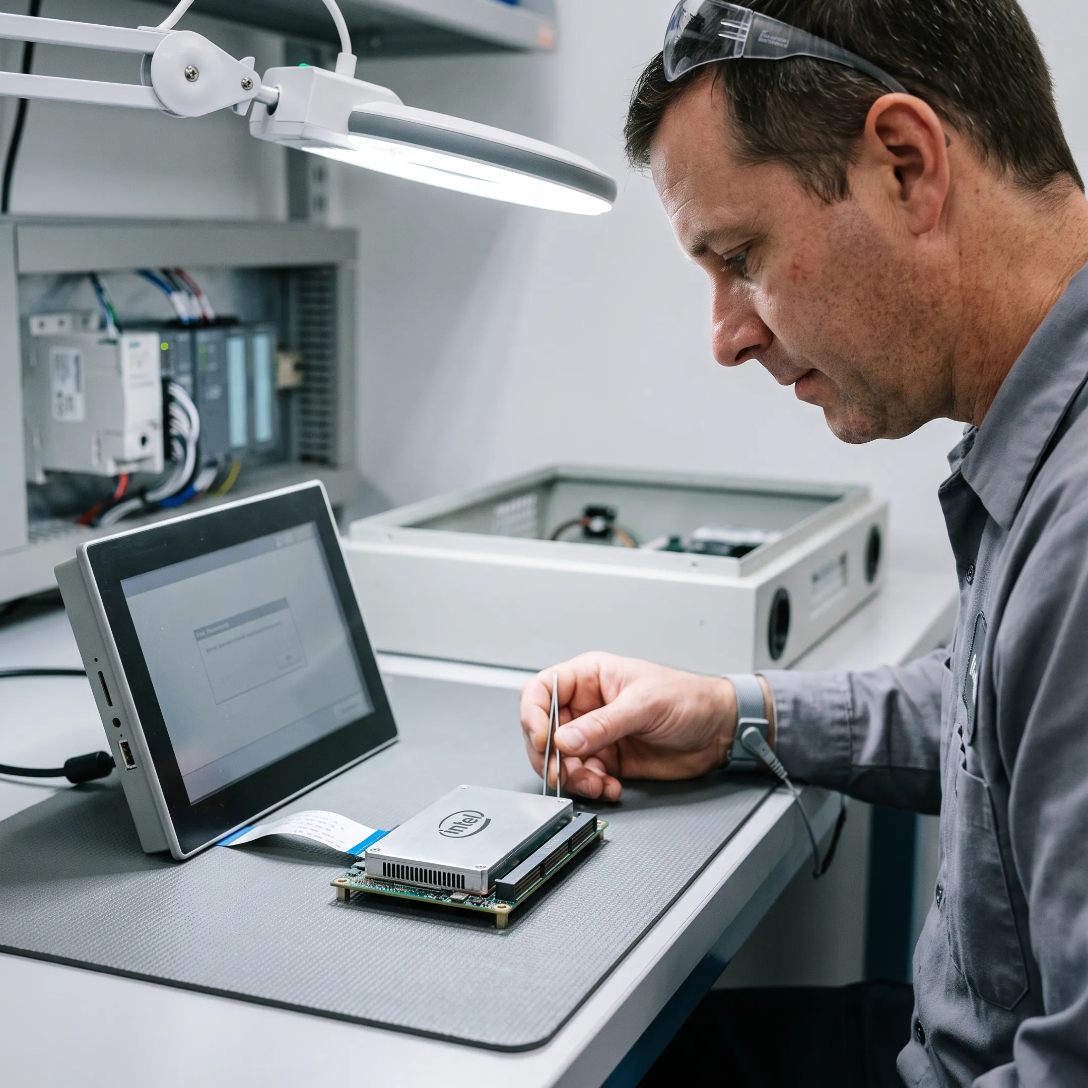 Engineer configuring an embedded Intel module system