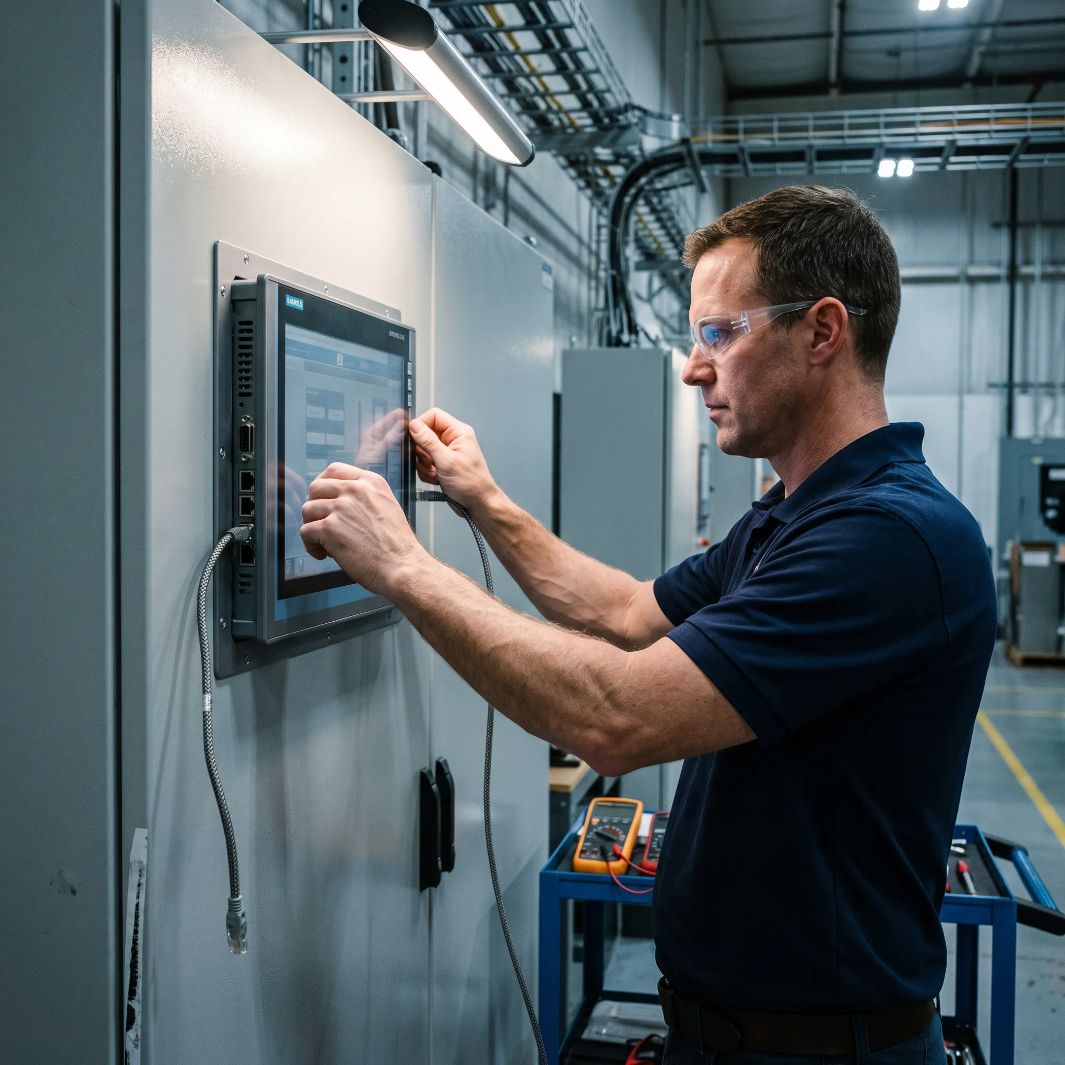 Engineer configuring an industrial panel PC