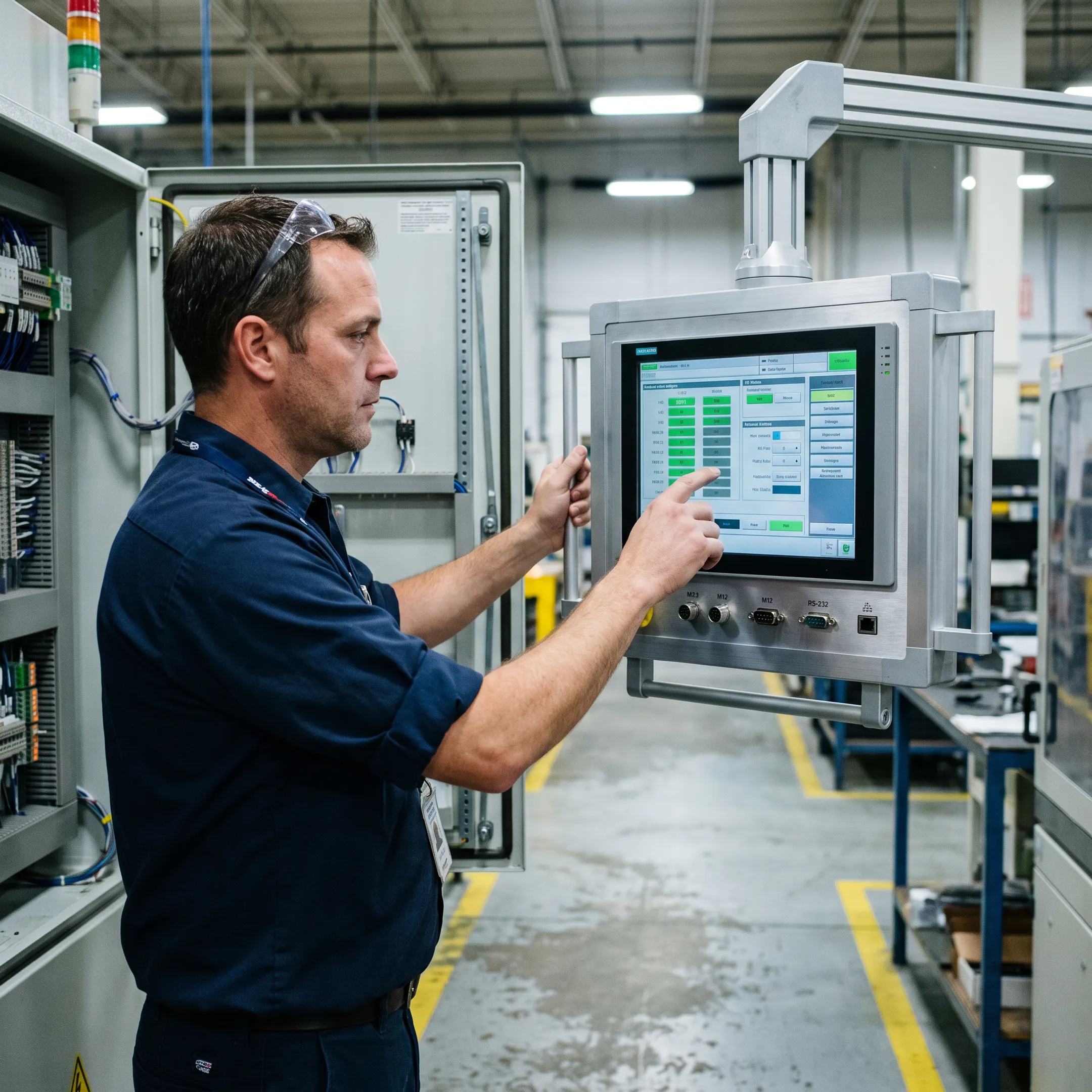 Engineer configuring an industrial panel PC
