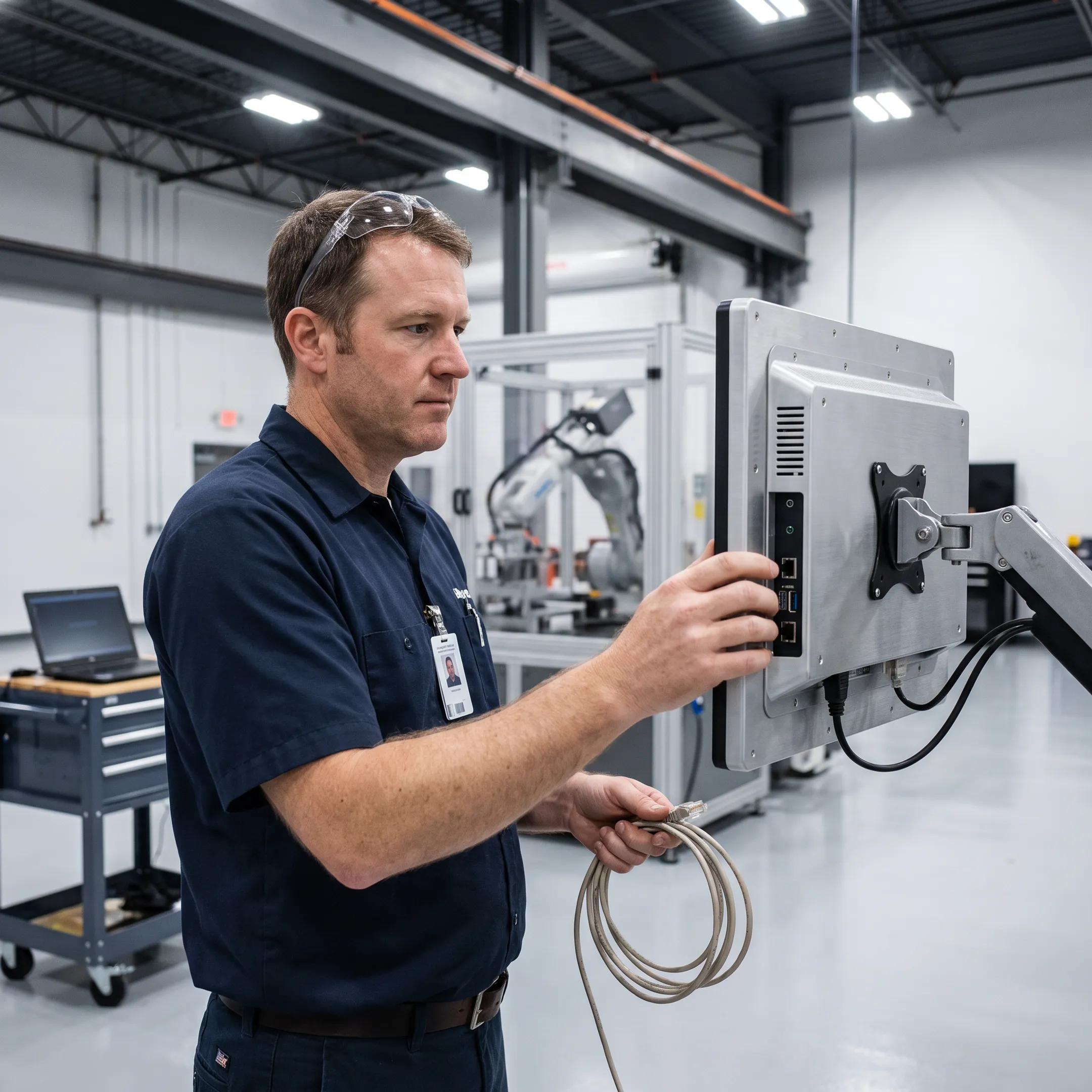 Engineer configuring an industrial panel PC