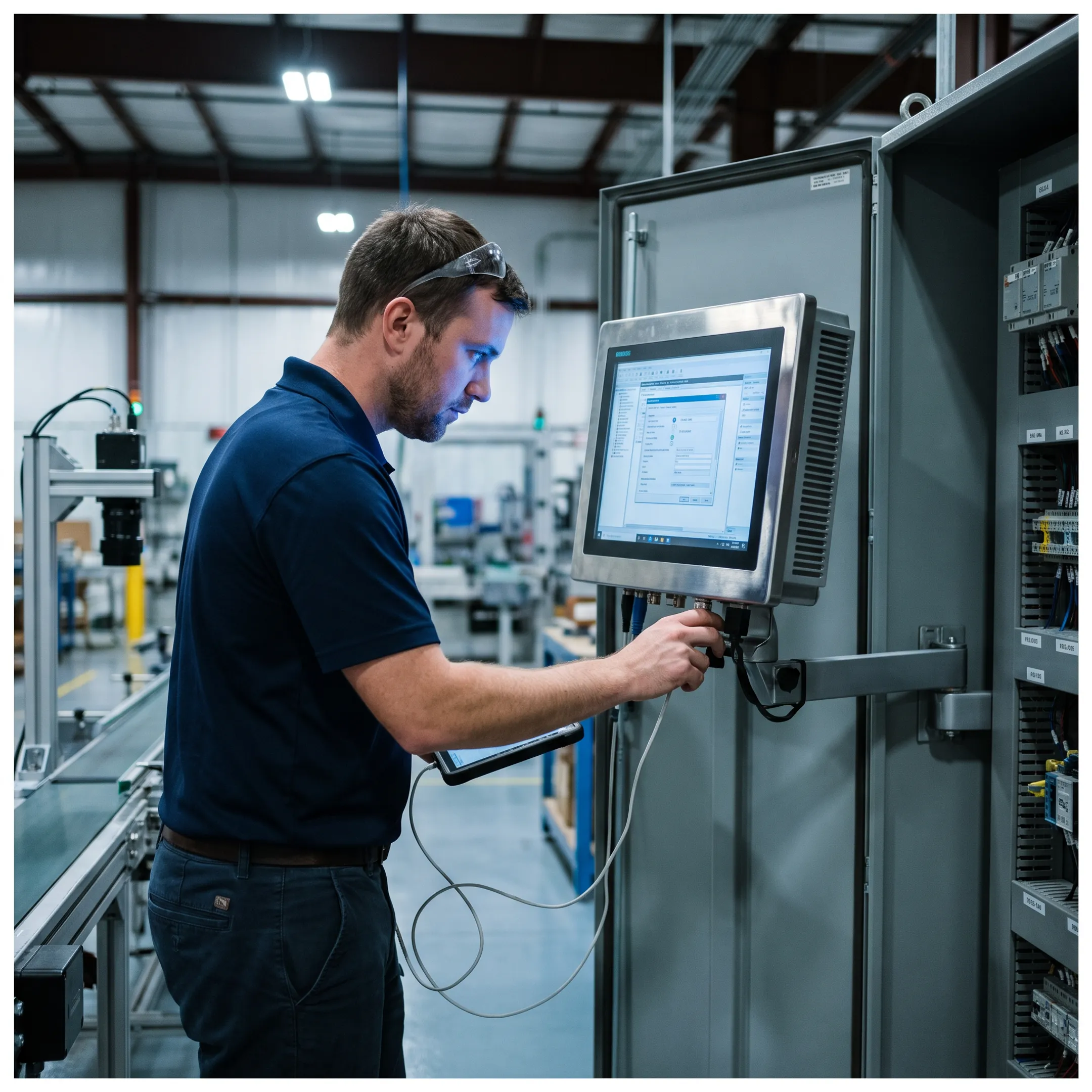 Engineer configuring an industrial PC for machine vision