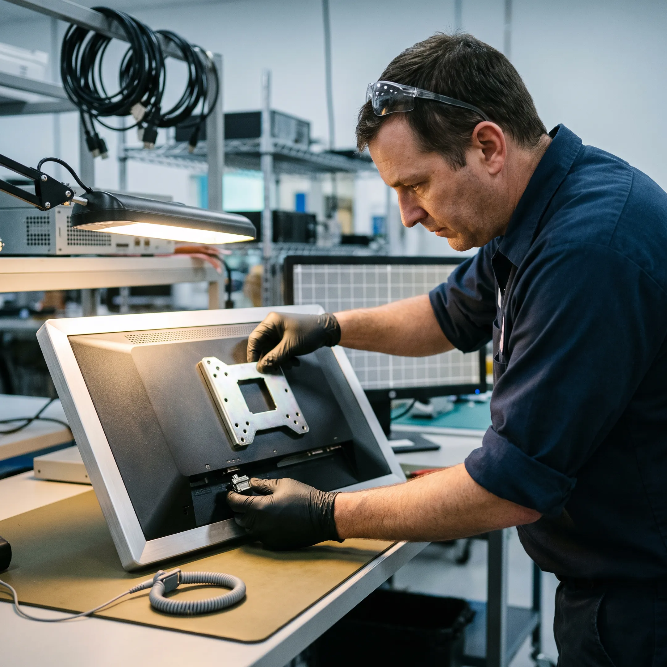 Engineer configuring an industrial touchscreen monitor