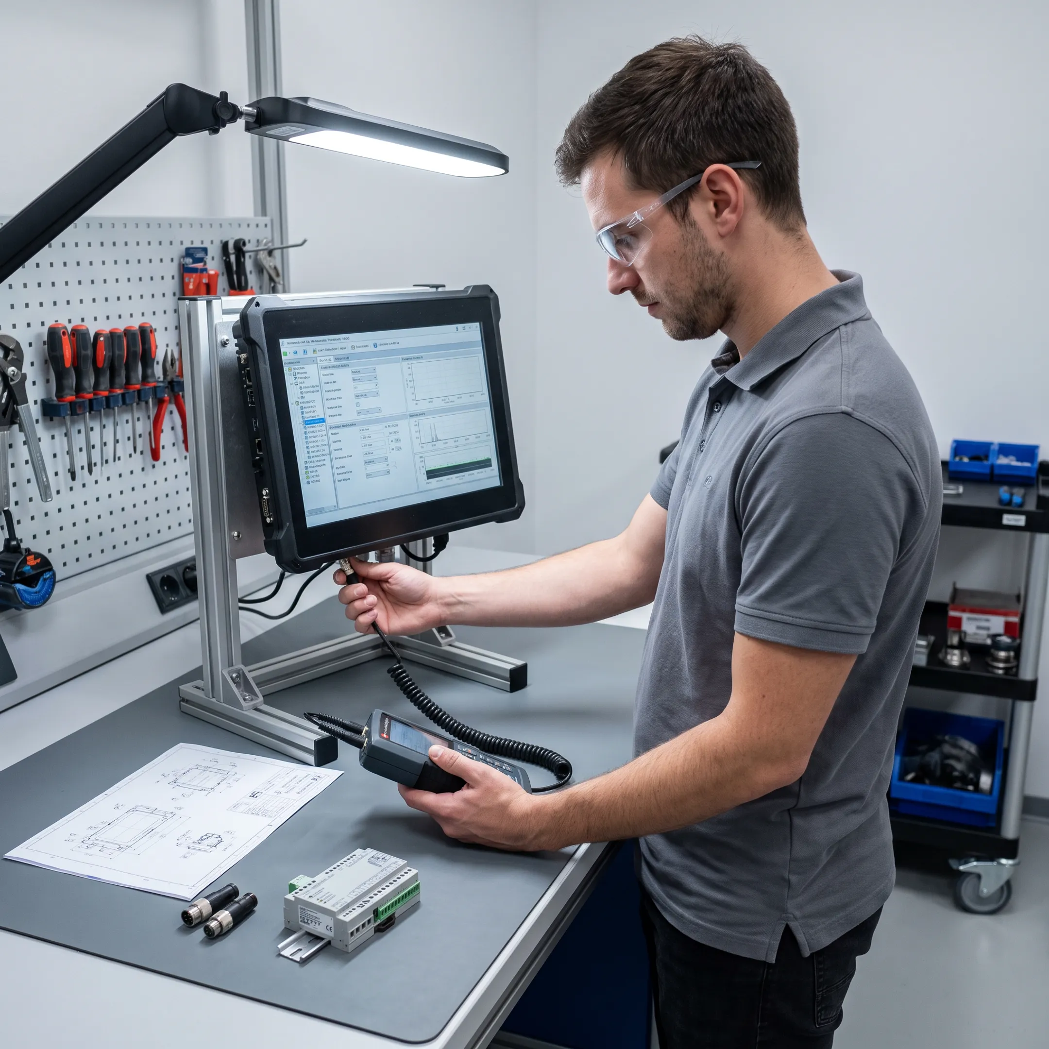 Engineer configuring an industrial touchscreen monitor