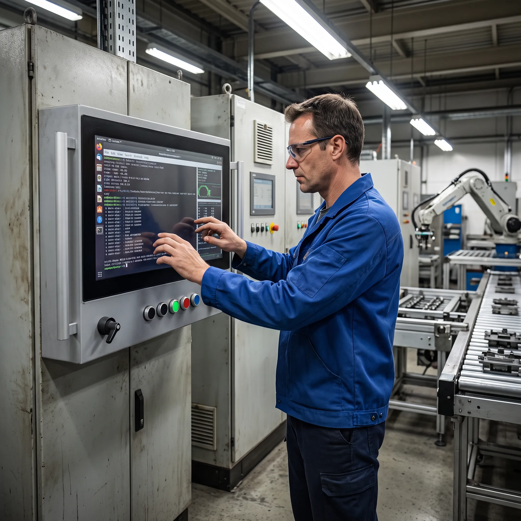 Engineer configuring an industrial Linux touchscreen computer