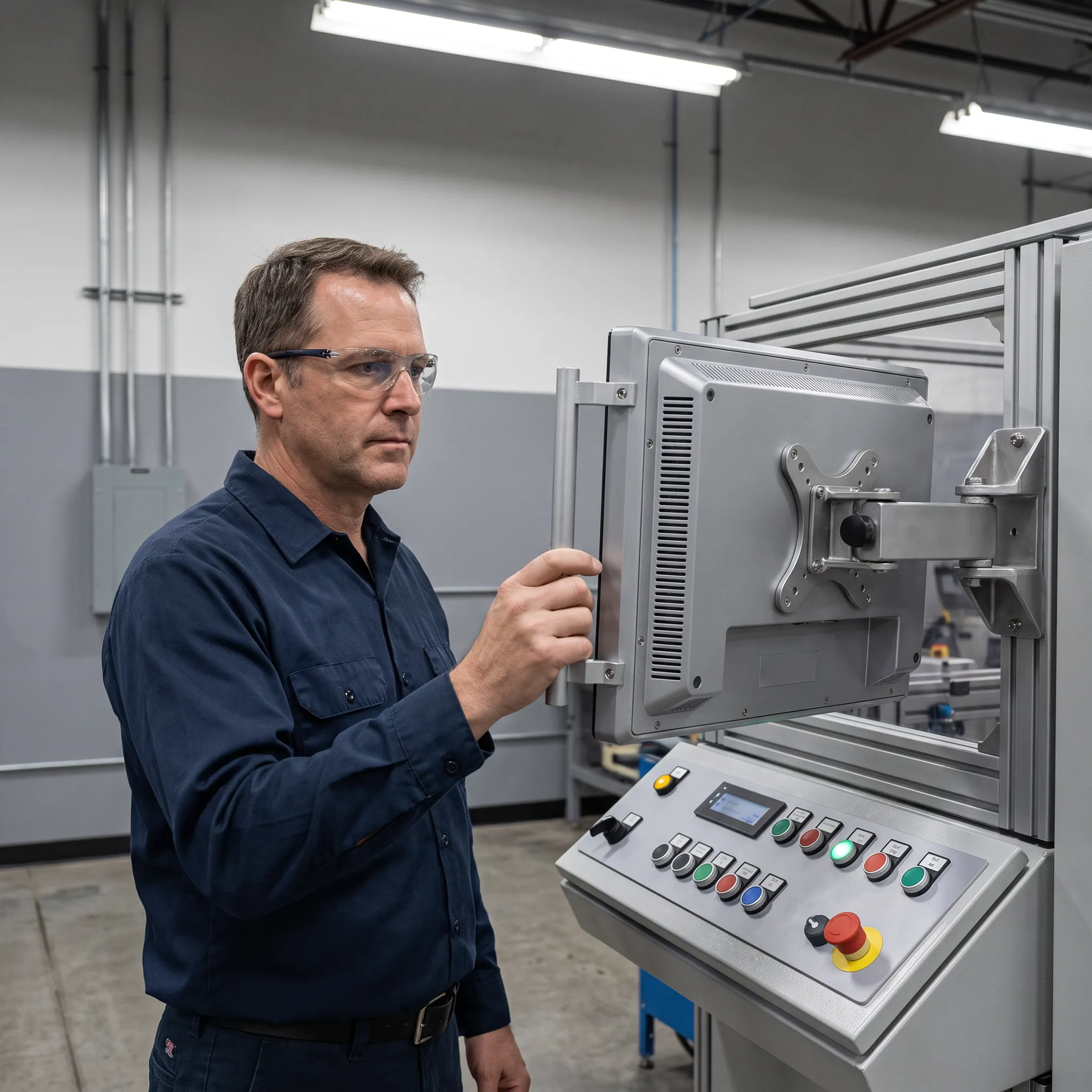 Engineer reviewing an industrial touchscreen enclosure