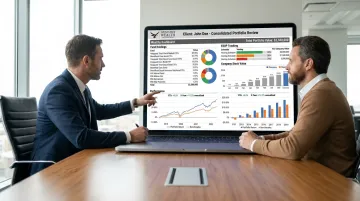 Wealth advisor reviewing consolidated portfolio holdings on analytics dashboard