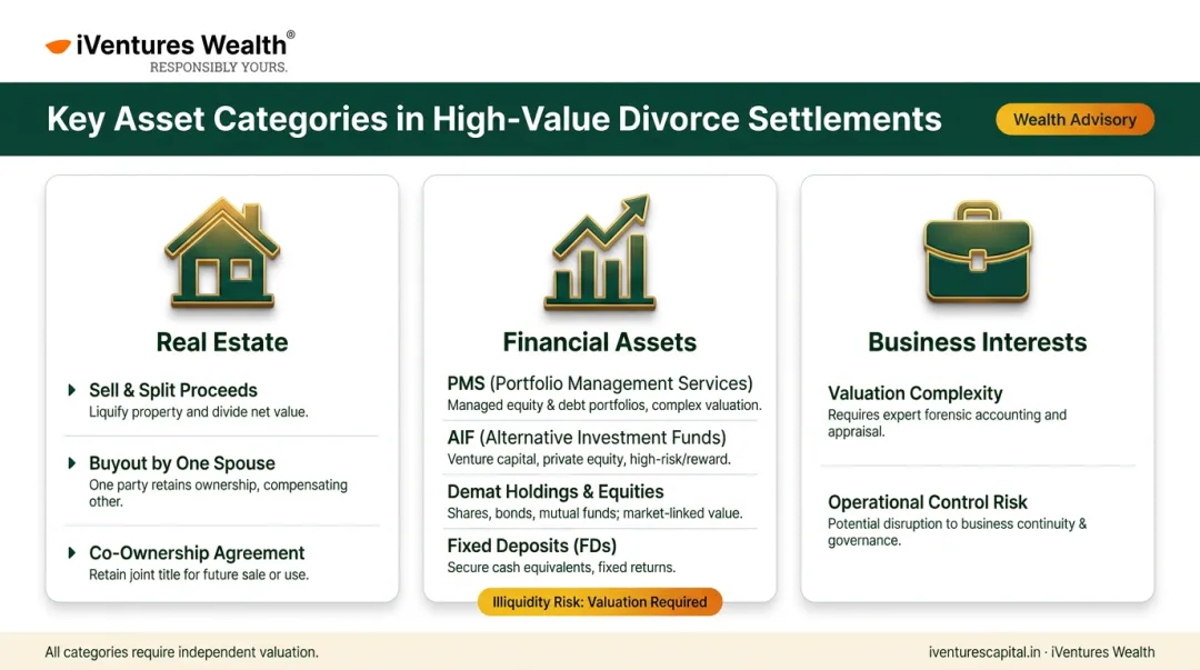 HNI divorce asset division categories real estate financial assets business interests comparison