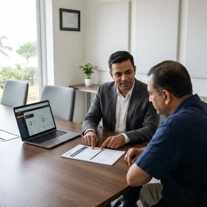 Financial advisor reviewing a portfolio with a client in Goa