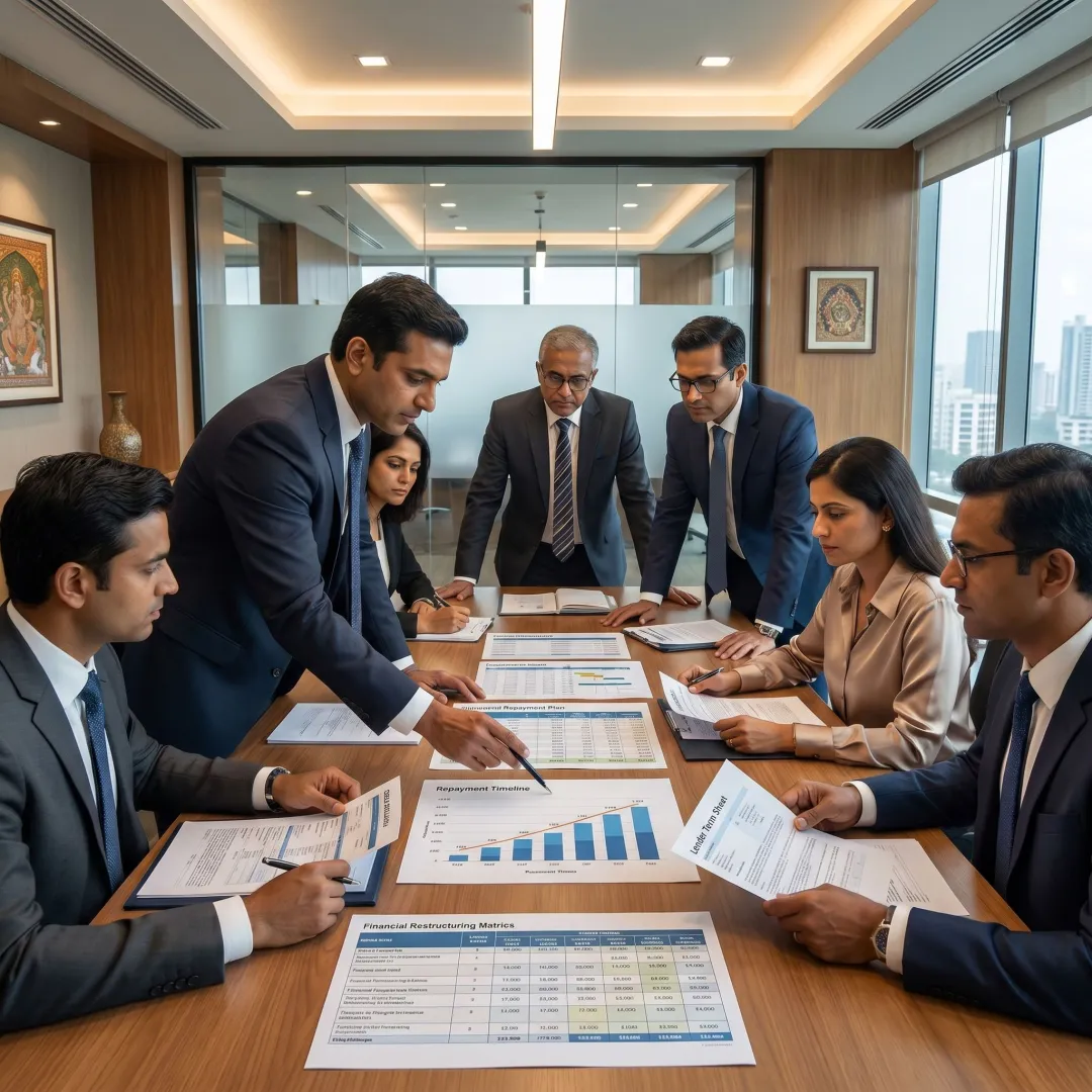 Financial advisors reviewing debt restructuring strategy