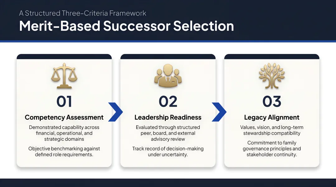 Merit-based successor selection framework three-criteria process flow diagram