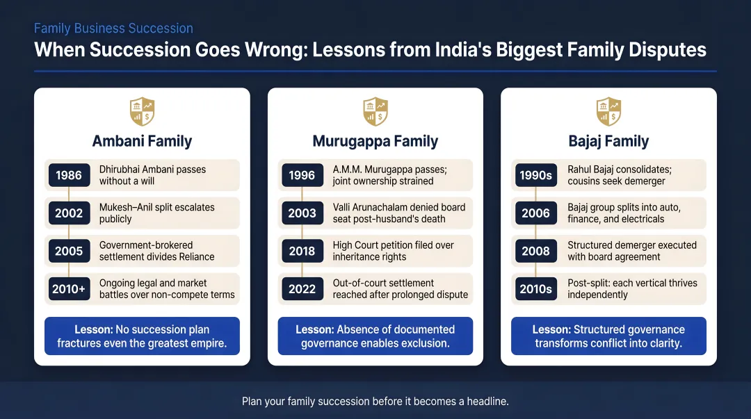 Indian family succession disputes timeline comparison Ambani Murugappa Bajaj case studies