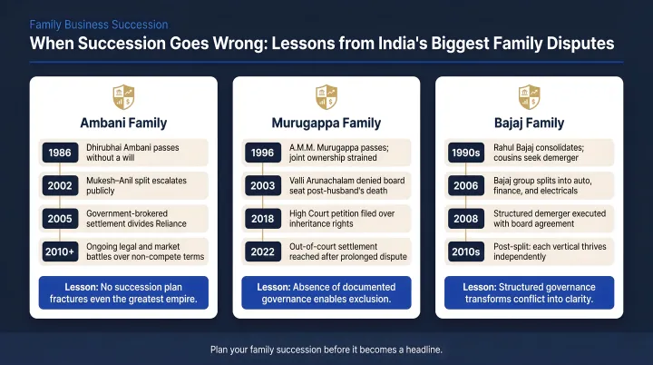 Indian family succession disputes timeline comparison Ambani Murugappa Bajaj case studies