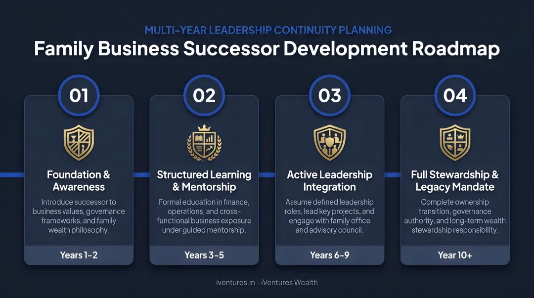 Four-step multi-year family business successor development roadmap infographic
