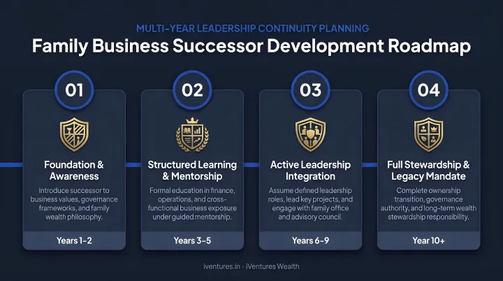 Four-step multi-year family business successor development roadmap infographic