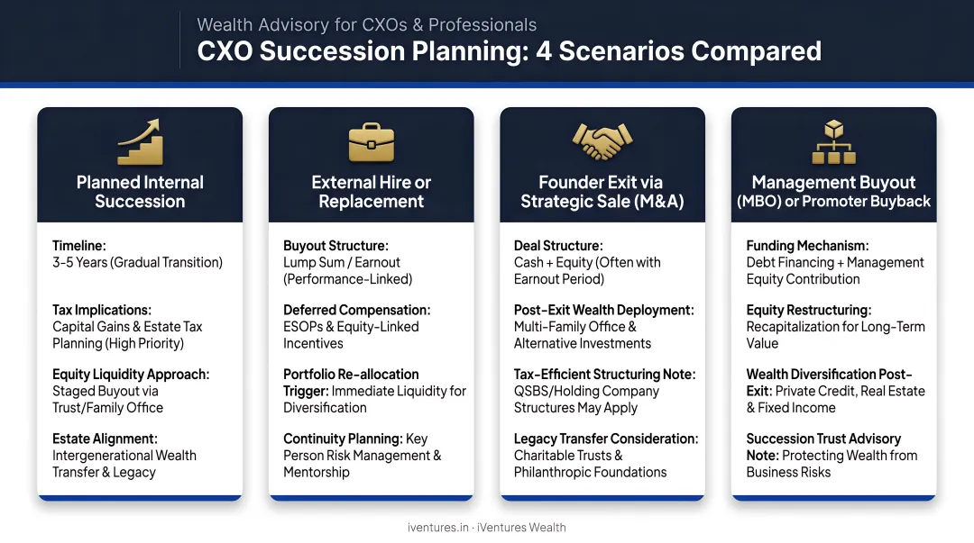 Four types of CXO succession planning scenarios comparison infographic