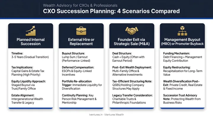 Four types of CXO succession planning scenarios comparison infographic