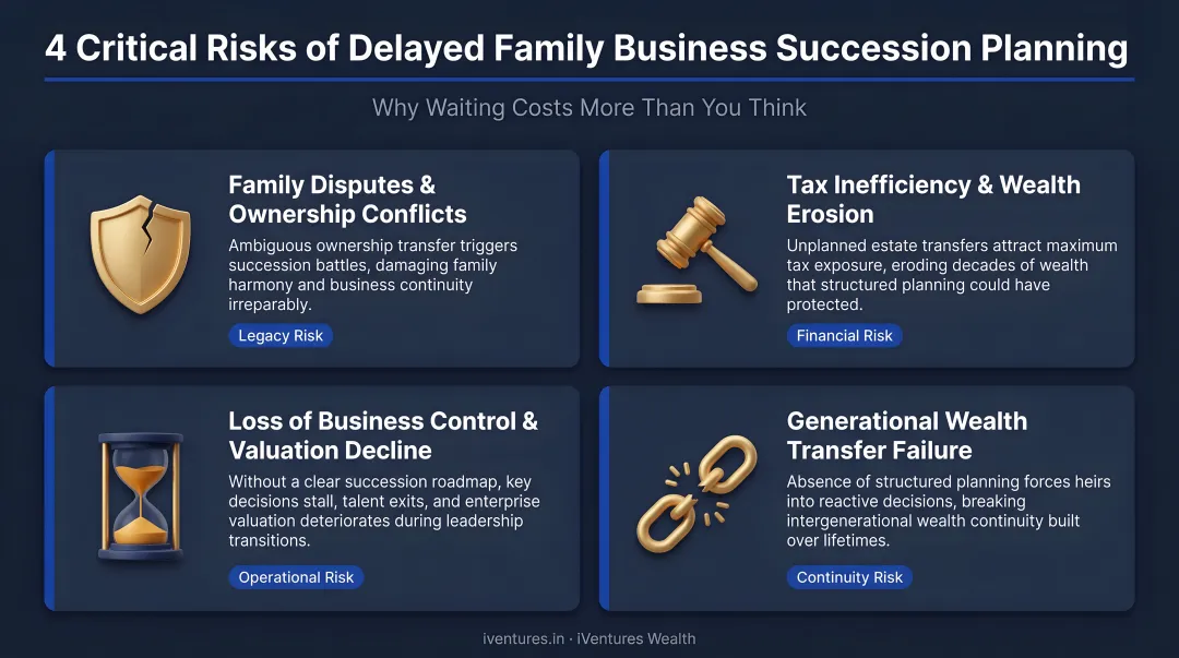 Four critical risks of delayed family business succession planning infographic