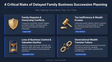 Four critical risks of delayed family business succession planning infographic