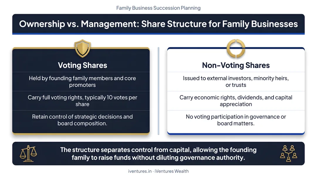 Ownership versus management separation voting non-voting share structure for family businesses