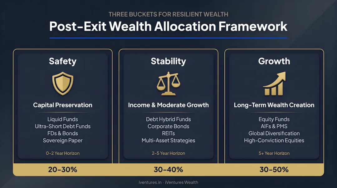 Three-bucket post-exit wealth allocation framework safety stability and growth