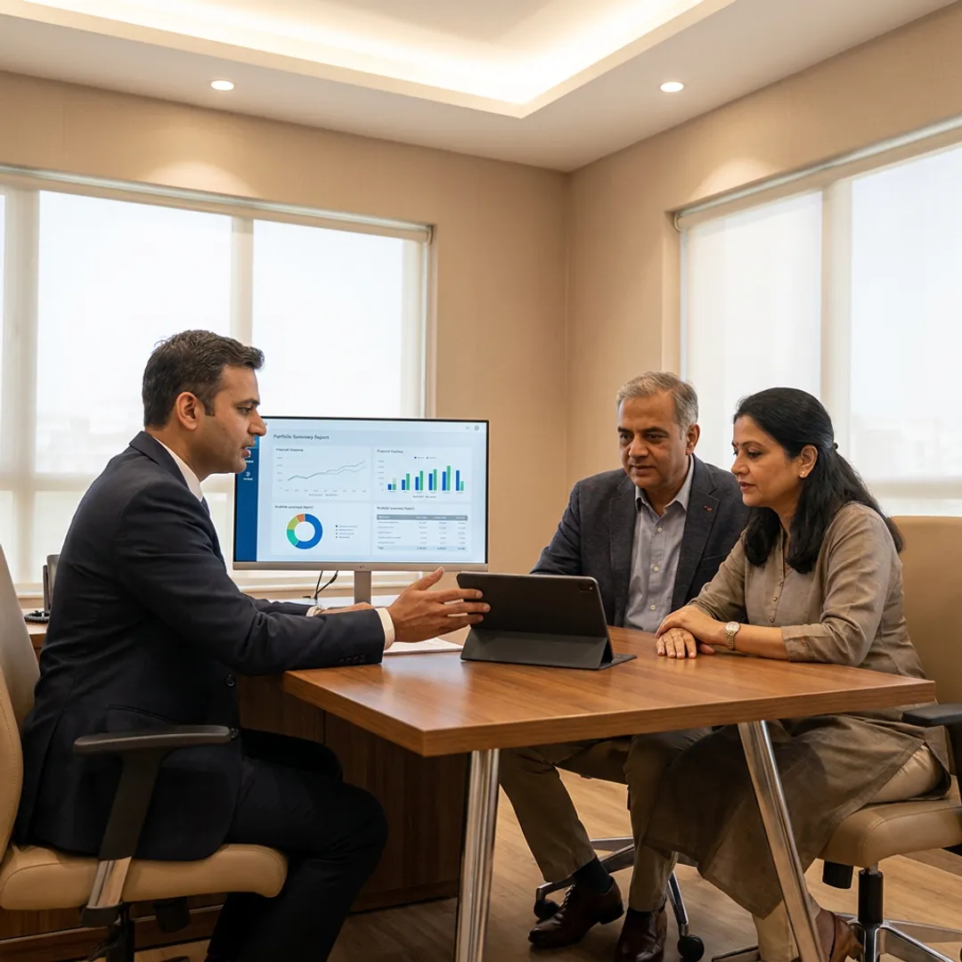 Wealth advisor reviewing investment portfolio with clients