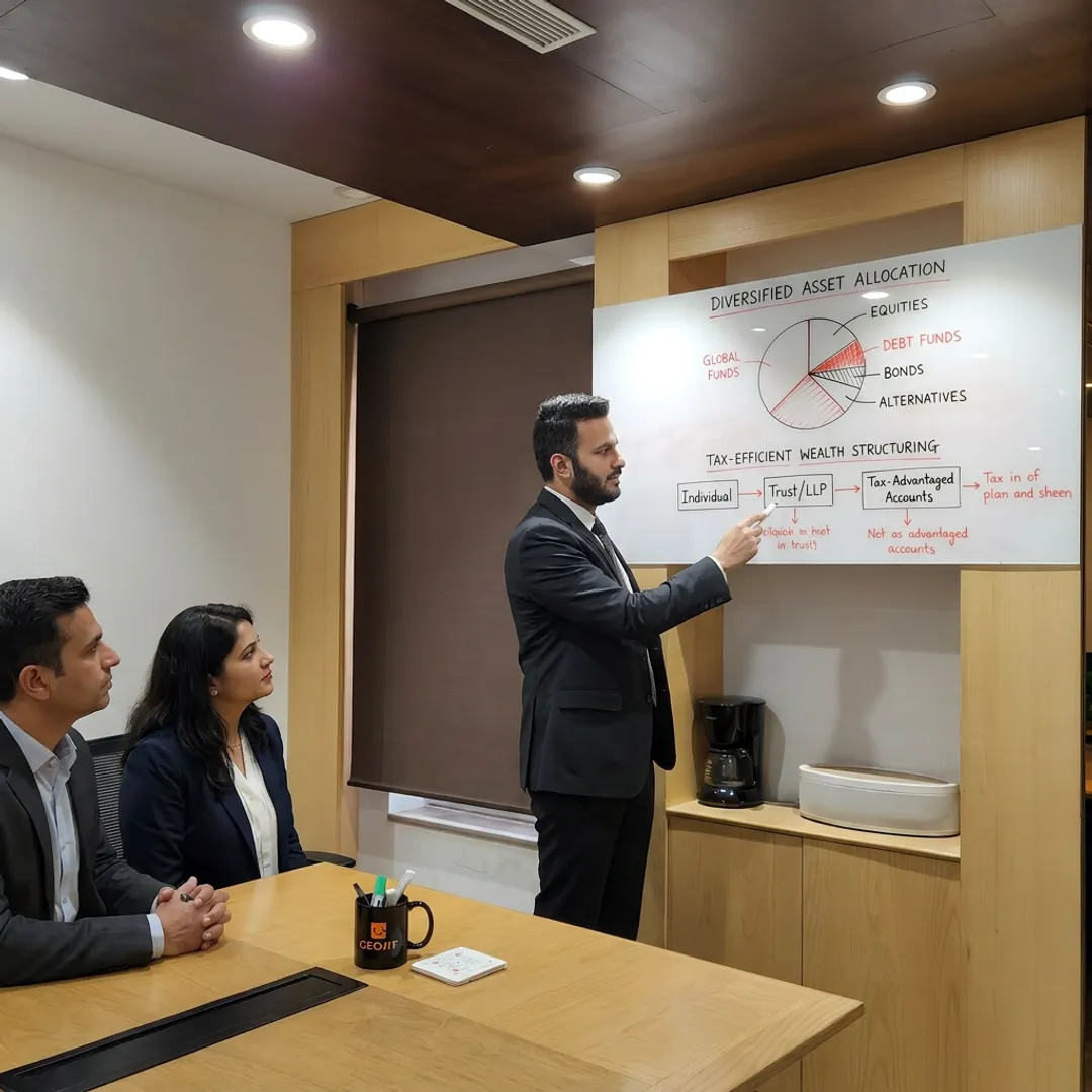 Advisor explaining diversified investment strategy to clients