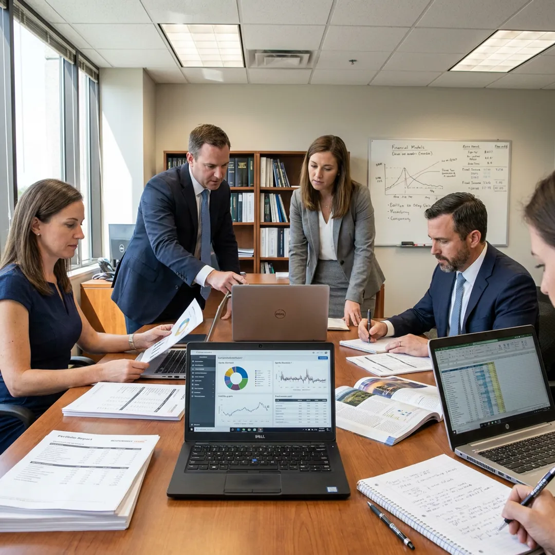 Investment team analyzing portfolio performance reports