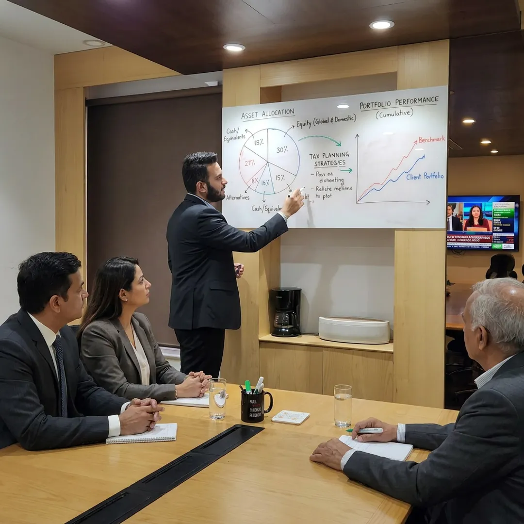 Advisor presenting wealth strategy to clients