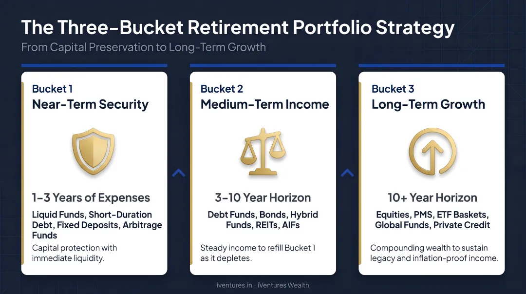 Three-bucket retirement portfolio strategy timeline from near-term to long-term growth