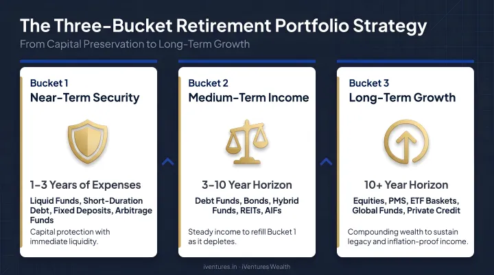 Three-bucket retirement portfolio strategy timeline from near-term to long-term growth