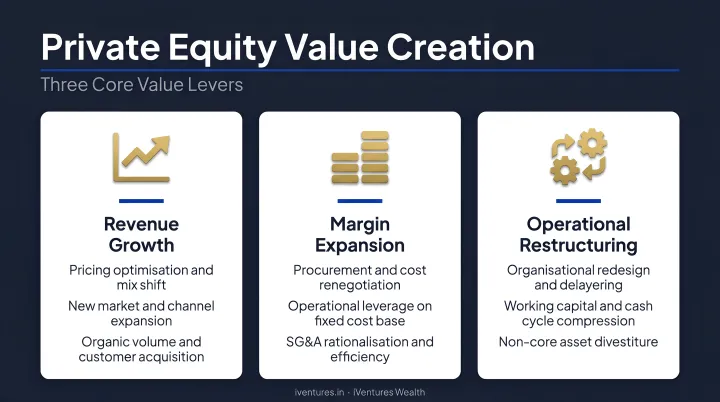 Three private equity value creation levers revenue margin and operational restructuring
