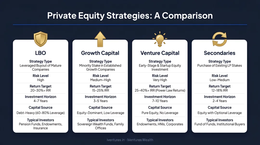 Four private equity strategies LBO growth capital venture capital and secondaries comparison chart