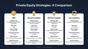 Four private equity strategies LBO growth capital venture capital and secondaries comparison chart