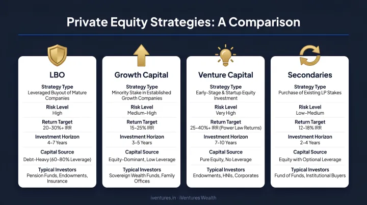 Four private equity strategies LBO growth capital venture capital and secondaries comparison chart