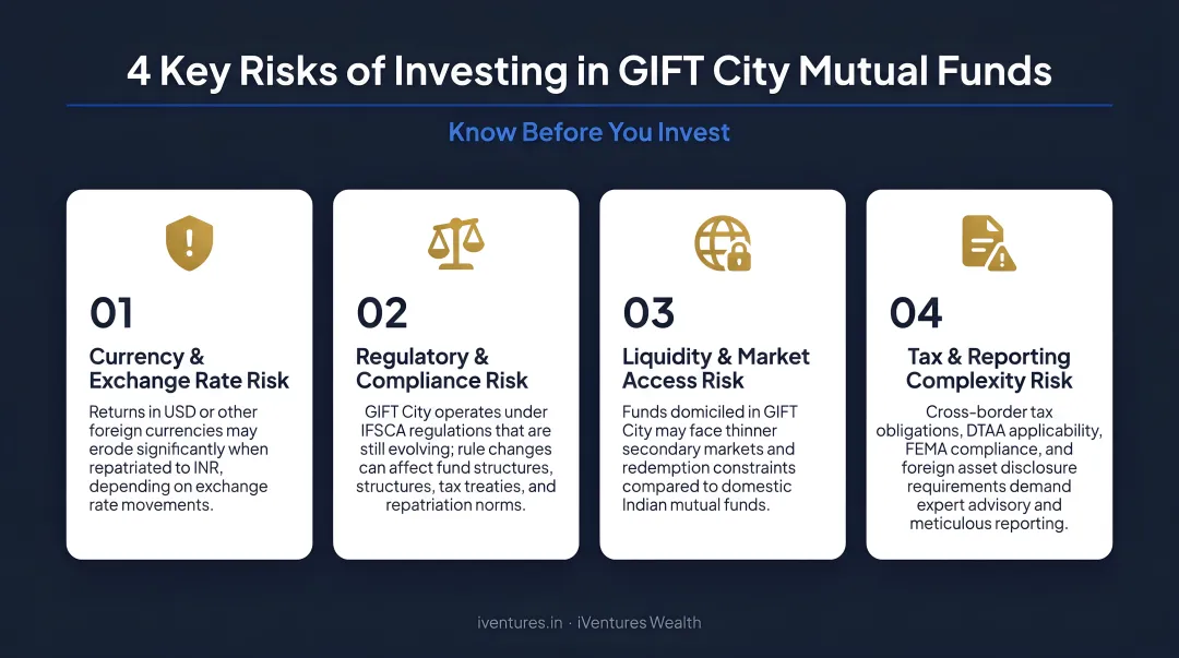 Four key risks of investing in GIFT City mutual funds warning icons infographic