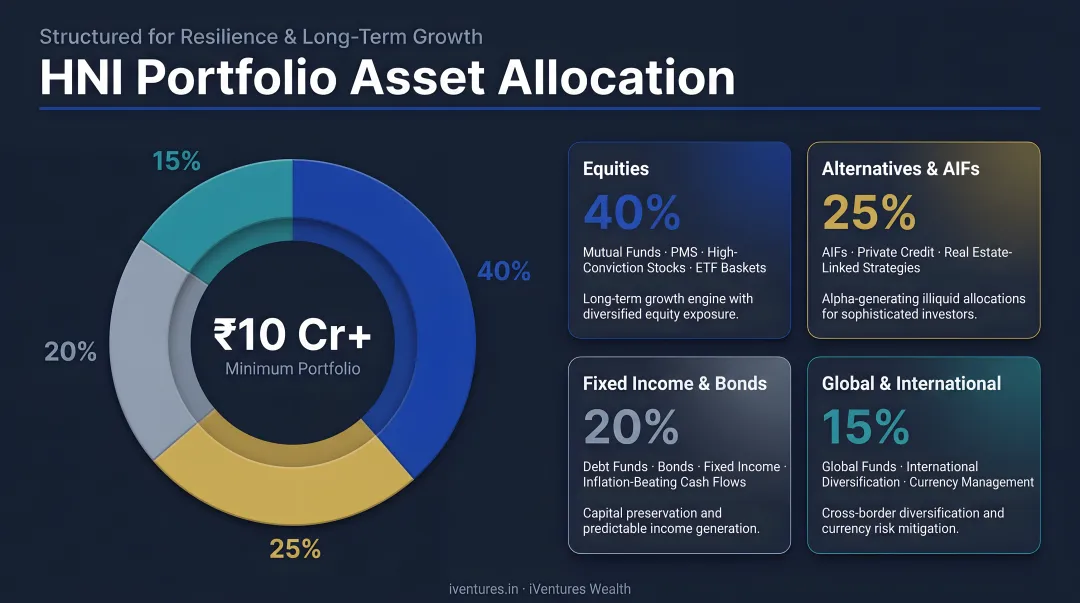 HNI portfolio asset allocation across four investment categories infographic