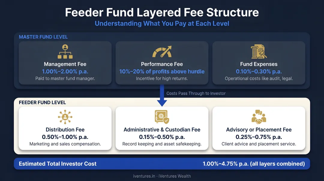 Feeder fund layered fee structure breakdown showing master fund and feeder level costs