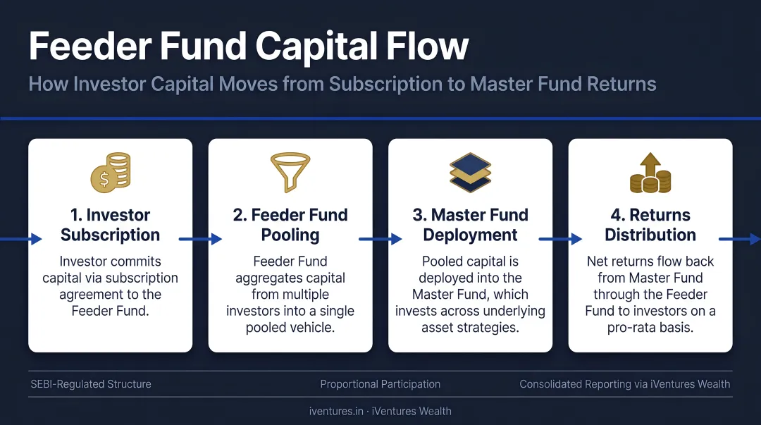 4-step feeder fund capital flow process from investor to master fund returns