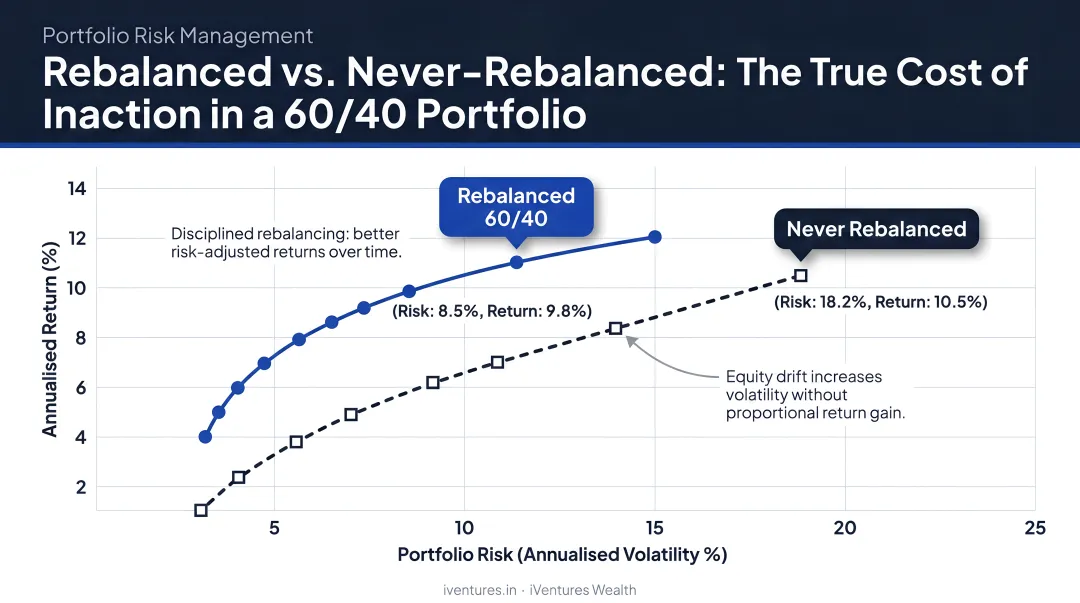Rebalanced versus never-rebalanced 60/40 portfolio risk return comparison chart