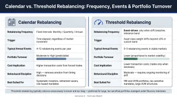 Calendar versus threshold rebalancing frequency events and portfolio turnover comparison infographic