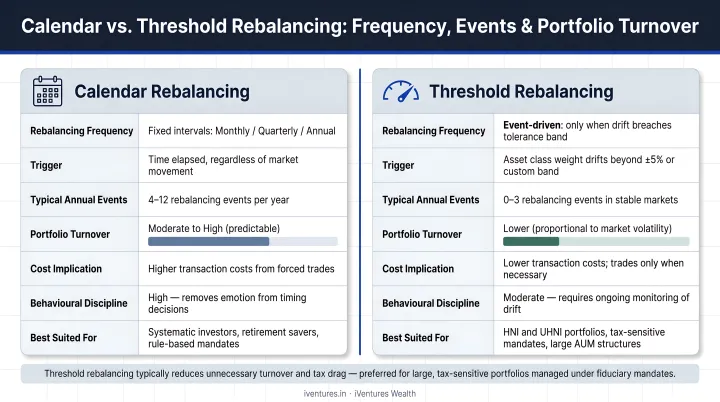 Calendar versus threshold rebalancing frequency events and portfolio turnover comparison infographic